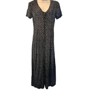 All That Jazz Vintage 90s Lace Up Bodice Black White Ditsy Print Floral Jumpsuit